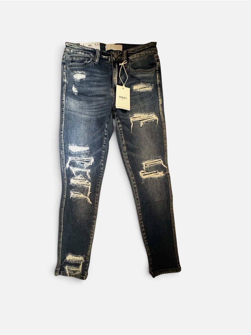VERVET BY FLYING MONKEY Distressed Mid-Rise Skinny Jeans - Dark Blue